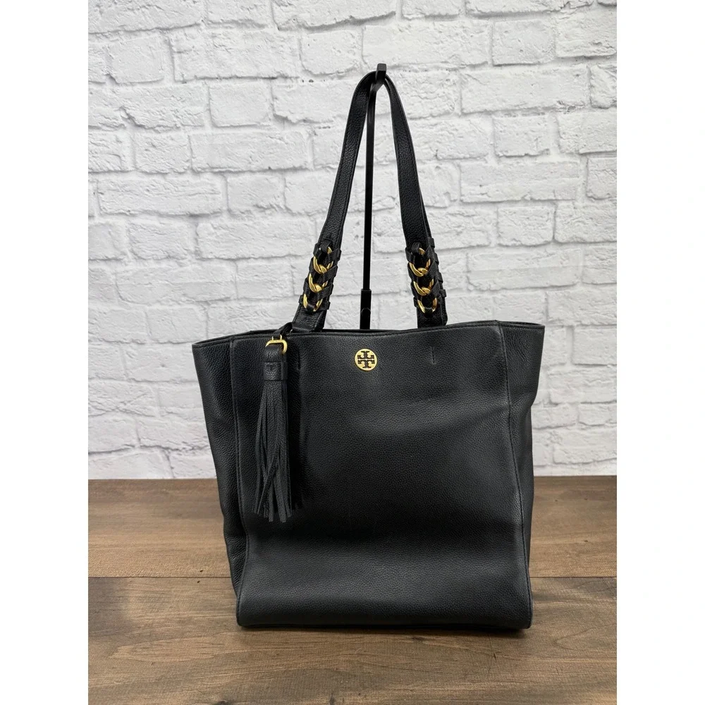 Tory Burch Brooke Black Pebbled Leather Tassel Tote Bag Gold Chain Accent Womens